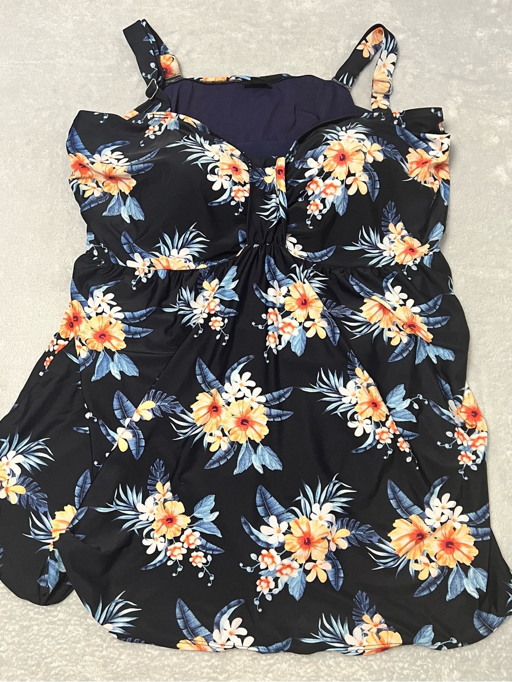 Black Floral One-Piece Swimdress with Yellow & Blue Blooms 32